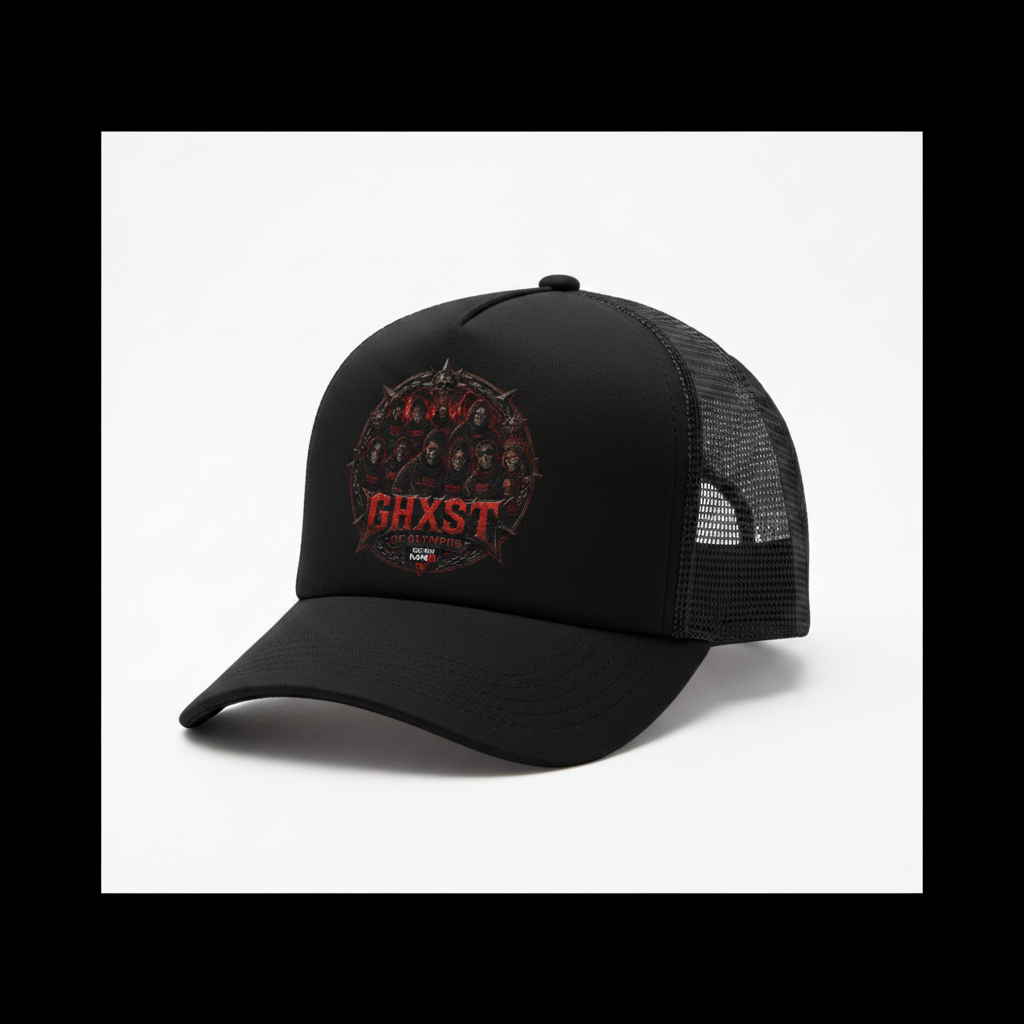 Ghxst Clan Hat with gothic red lettering and skull design