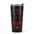 Black tumbler with Ghxst Clan red gothic lettering and skull design