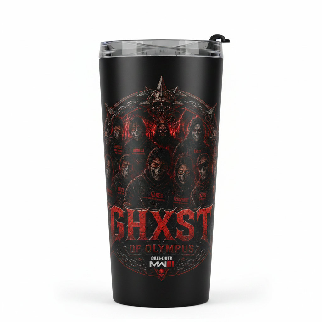 Black tumbler with Ghxst Clan red gothic lettering and skull design