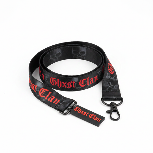 Ghxst Clan Lanyard with red gothic lettering on black strap