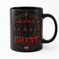 Black ceramic mug with Ghxst Clan red gothic lettering and skull design