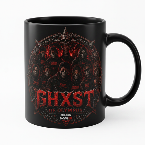 Black ceramic mug with Ghxst Clan red gothic lettering and skull design