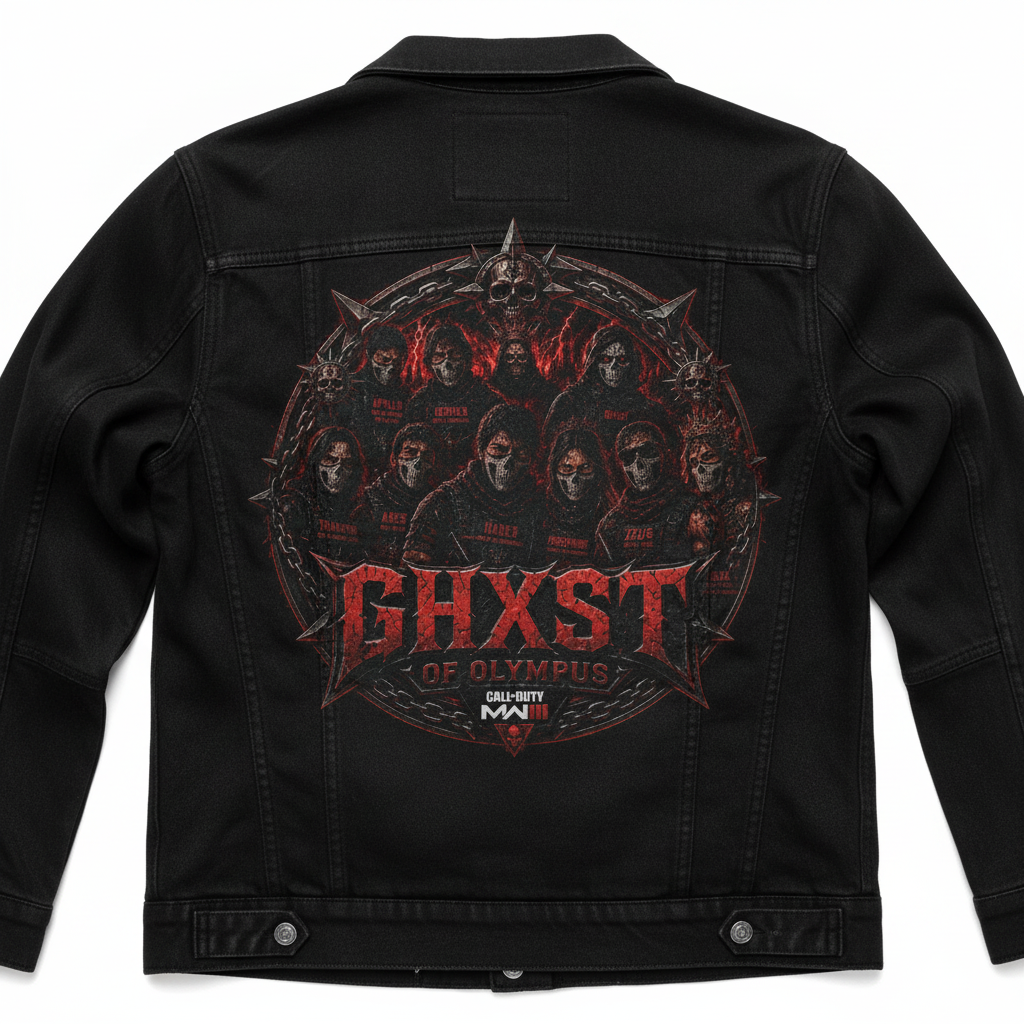 Ghxst Clan Jacket with gothic red lettering and skull design on the back