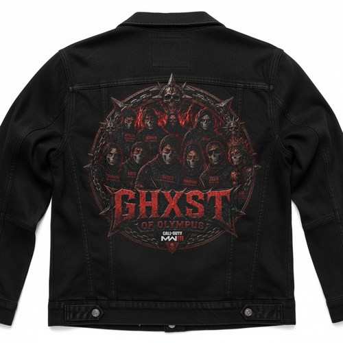 Ghxst Clan Jacket with gothic red lettering and skull design on the back