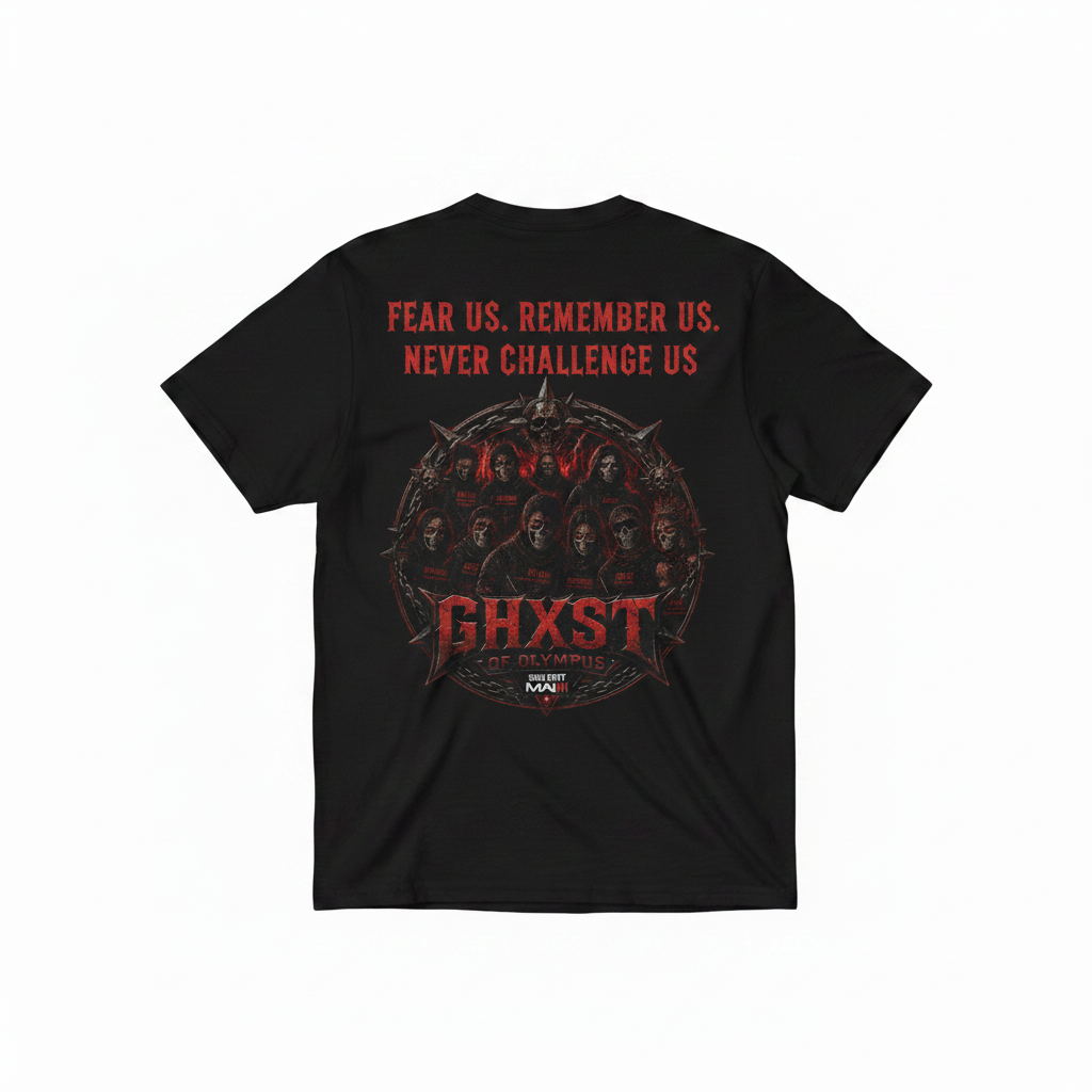 Ghxst Clan T-Shirt back with Fear Us. Remember Us. Never Challenge Us. in bold red gothic lettering