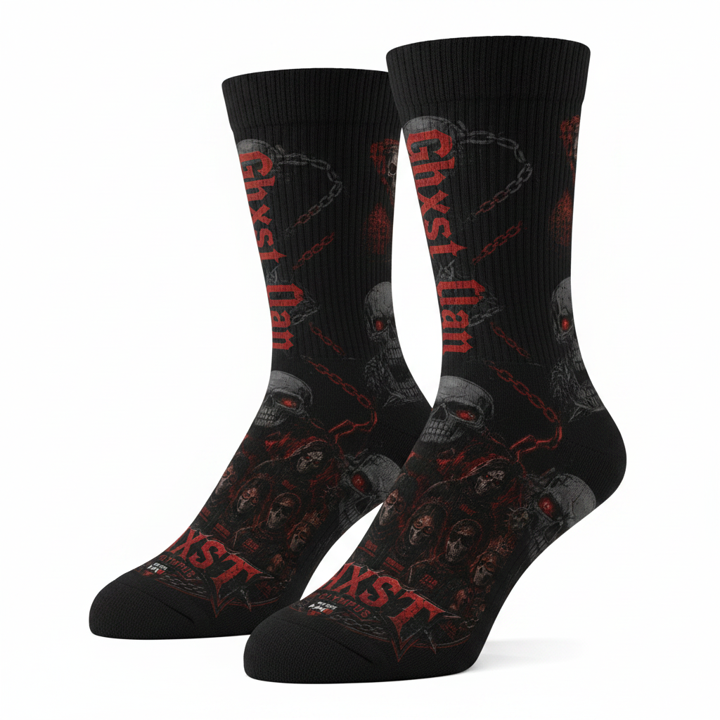 Black socks with Ghxst Clan red gothic lettering and skull pattern